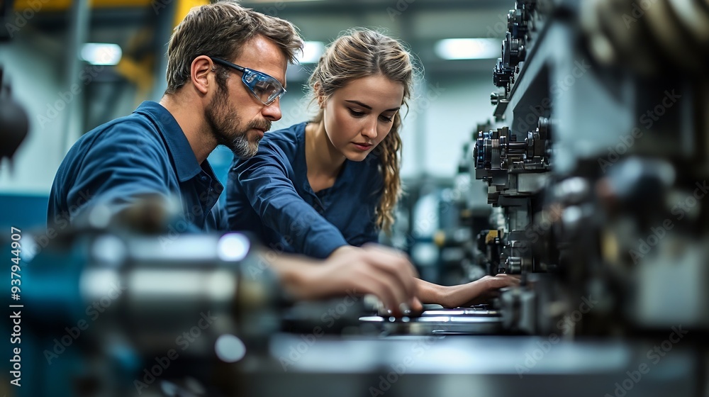 Factory apprenticeship Man mentor teaching Female employees trainee operating machine looking monitors and check Production process machinery foreman explaining woman engineer control : Generative AI Factory apprenticeship Man mentor teaching Female employees trainee operating machine looking monitors and check Production process machinery foreman explaining woman engineer control : Generative AI