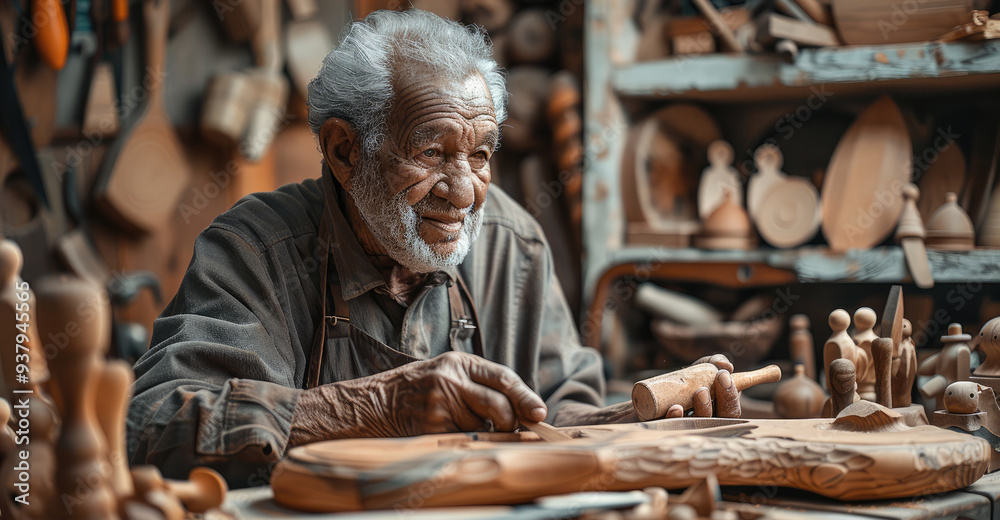 An elderly man in his woodwork workshop, carving out beautiful wooden pieces with a rustic chisel and wooden toys scattered around him. Generative AI. An elderly man in his woodwork workshop, carving out beautiful wooden pieces with a rustic chisel and wooden toys scattered around him. Generative AI.