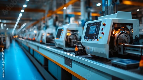 Row of machines on production floor at a factory for business and industrial concept background : Generative AI
