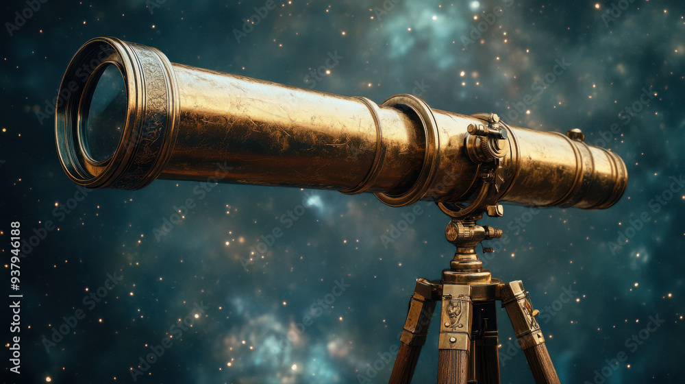 Bronze Telescope, A bronze telescope mounted on a sturdy wooden tripod ...