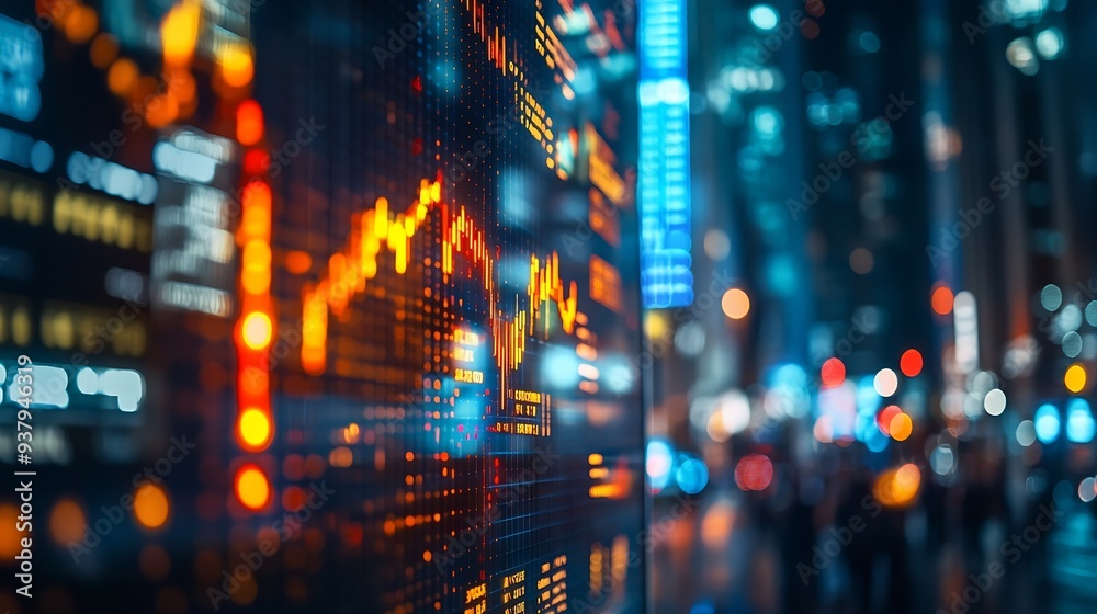 Fototapeta premium Stock market business concept Financial graphs and digital indicators with modern city background : Generative AI