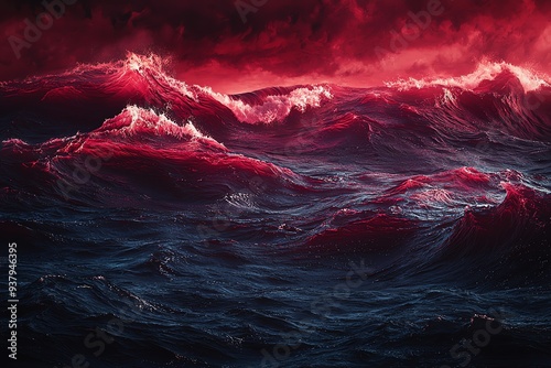 Dramatic ocean waves illuminated by deep red clouds create an intense and captivating seascape at twilight.