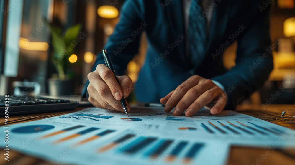 Fototapeta premium Financial Analysis, A businessperson examines financial charts, analyzing data to make informed decisions for company growth and performance improvement