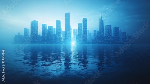 Dramatic skyline reflection in water, showcasing modern skyscrapers shrouded in fog, evoking a sense of mystery and tranquility.