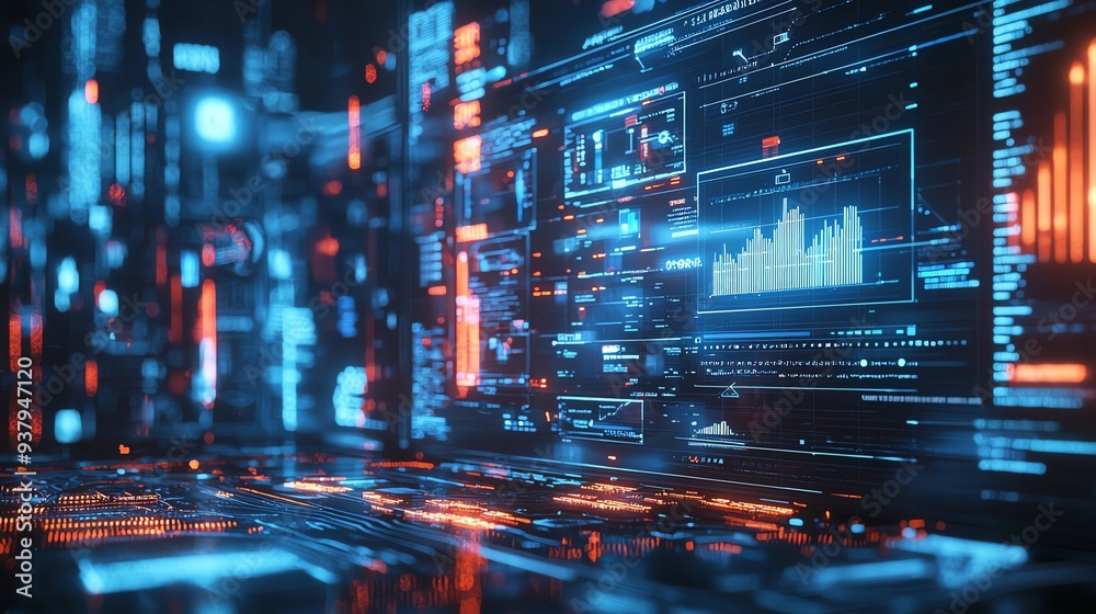Obraz premium Futuristic data dashboard with glowing graphics showcasing statistics and information in vibrant colors.