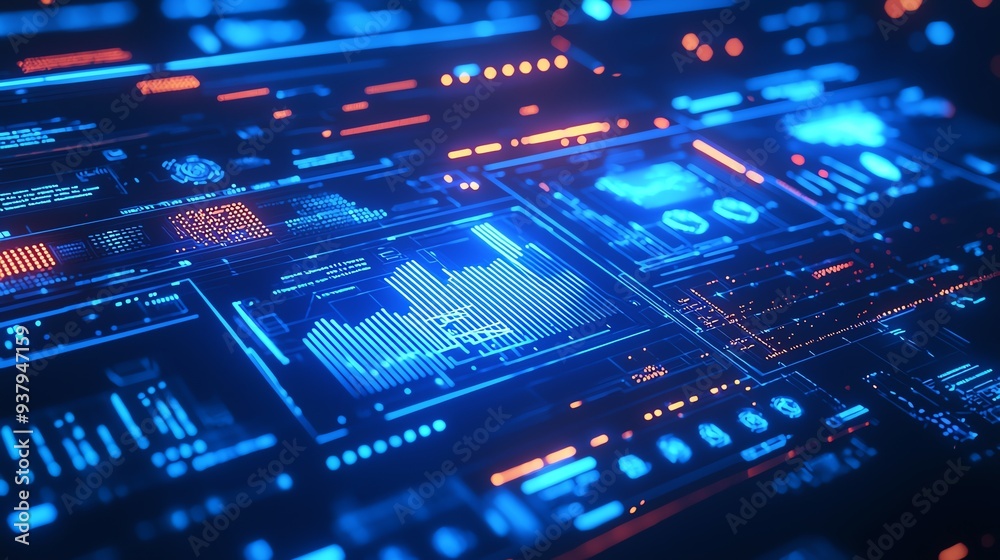 Futuristic digital interface displaying analytics and data in vibrant blue and orange hues. Ideal for technology-related projects. Futuristic digital interface displaying analytics and data in vibrant blue and orange hues. Ideal for technology-related projects.