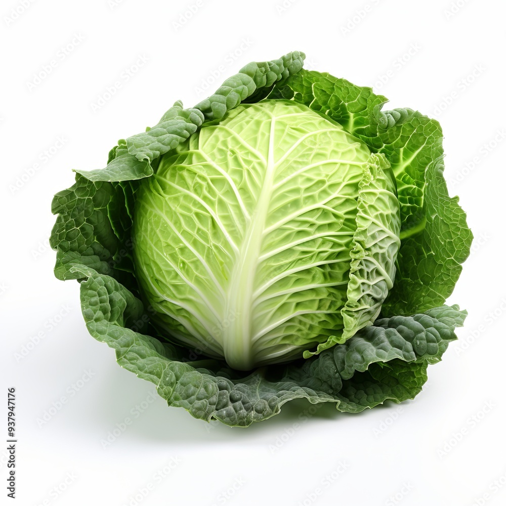 Fototapeta premium Fresh green cabbage isolated on a white background. Healthy eating concept.