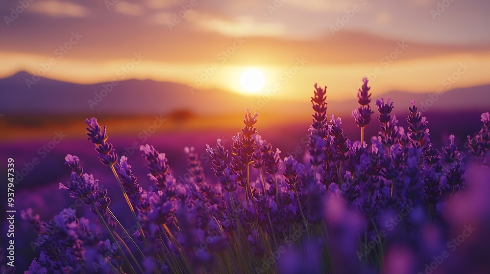 Naklejka premium Picturesque colorful floral atmosphere Beautiful panoramic view French blooming scenic at sunset Sunset violet lavender flower field in Provence France Valensole Summer nature amazing : Generative AI