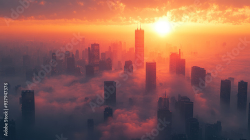 Urban Pollution, A city skyline covered in thick smog during sunset, illustrating the effects of serious air pollution in urban environments