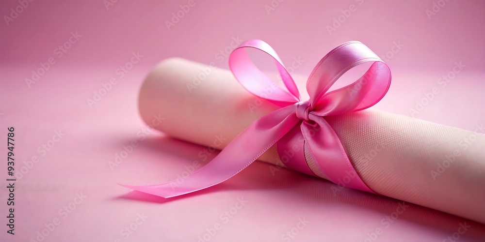 Studio Shot of Pink Awareness Poster Tied with Ribbon, Clean Background with Space for Text Overlay Studio Shot of Pink Awareness Poster Tied with Ribbon, Clean Background with Space for Text Overlay