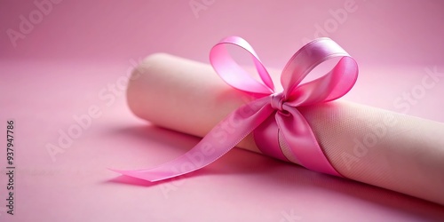 Studio Shot of Pink Awareness Poster Tied with Ribbon, Clean Background with Space for Text Overlay