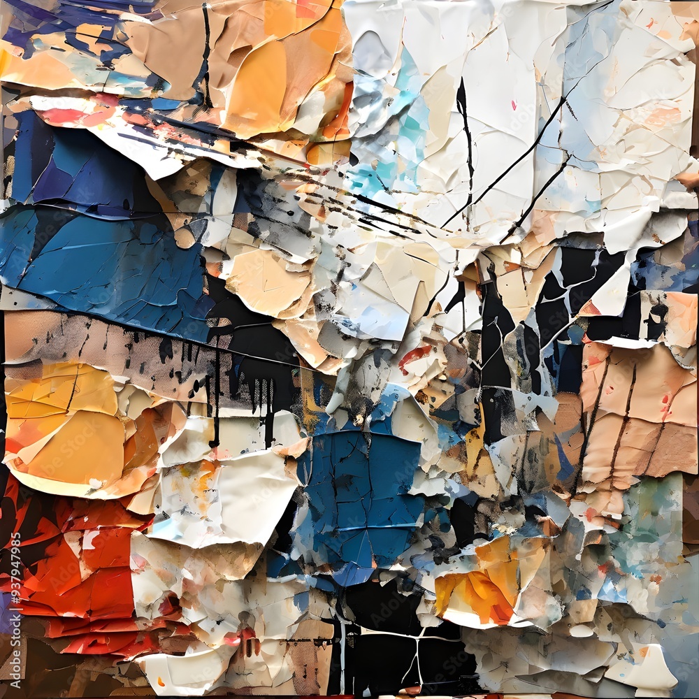 Fototapeta premium Textured Collage, textured collage, abstract layers, crumpled paper, rough canvas, smooth metal, paint splashes, artistic depth