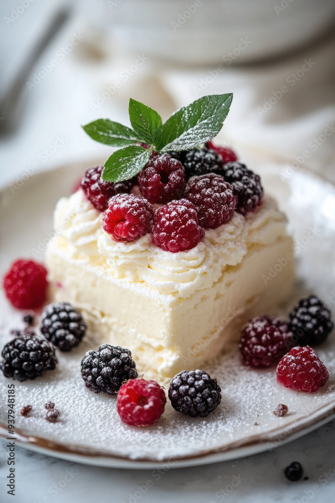 Cream Dessert, A close-up view of a cream-colored dessert garnished with fresh berries, beautifully arranged and ready to serve Cream Dessert, A close-up view of a cream-colored dessert garnished with fresh berries, beautifully arranged and ready to serve