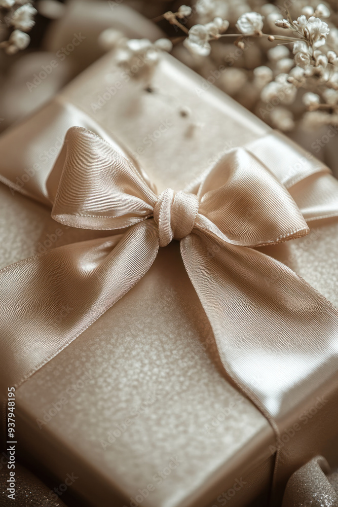 Cream Ribbon Bow, A close-up view of a cream-colored ribbon elegantly tied in a bow, resting atop a beautifully wrapped gift box Cream Ribbon Bow, A close-up view of a cream-colored ribbon elegantly tied in a bow, resting atop a beautifully wrapped gift box