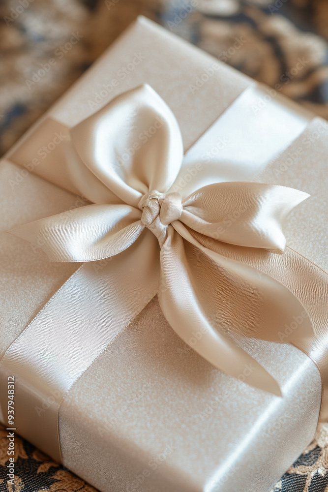 Cream Ribbon Bow, A close-up view of a cream-colored ribbon elegantly tied in a bow, resting atop a beautifully wrapped gift box Cream Ribbon Bow, A close-up view of a cream-colored ribbon elegantly tied in a bow, resting atop a beautifully wrapped gift box