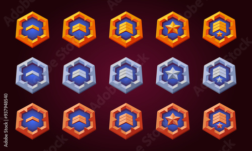 Game level up medal rank badges set. Vector flat golden emblem for progress and award. Rank insignia, victory achievement award success. High quality vector gold, silver and bronze. Blue color.