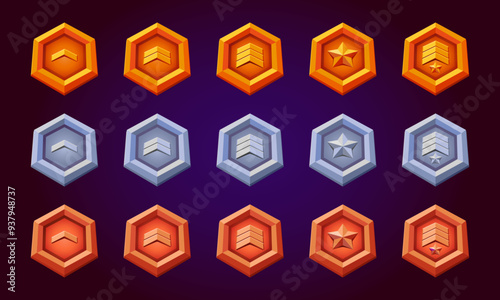 B_66caLevel game rank badges. Realistic vector of silver, bronze, gold hexagon with stars, level progress symbol. Flat design. Military metallic style. Assets for evolution.