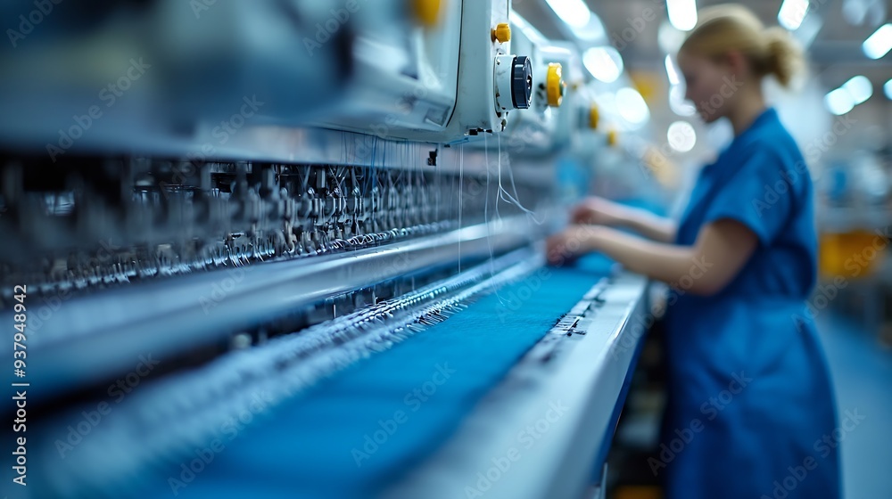 Textile factory worker standing by modern industrial sewing machine and checking thread connections : Generative AI Textile factory worker standing by modern industrial sewing machine and checking thread connections : Generative AI