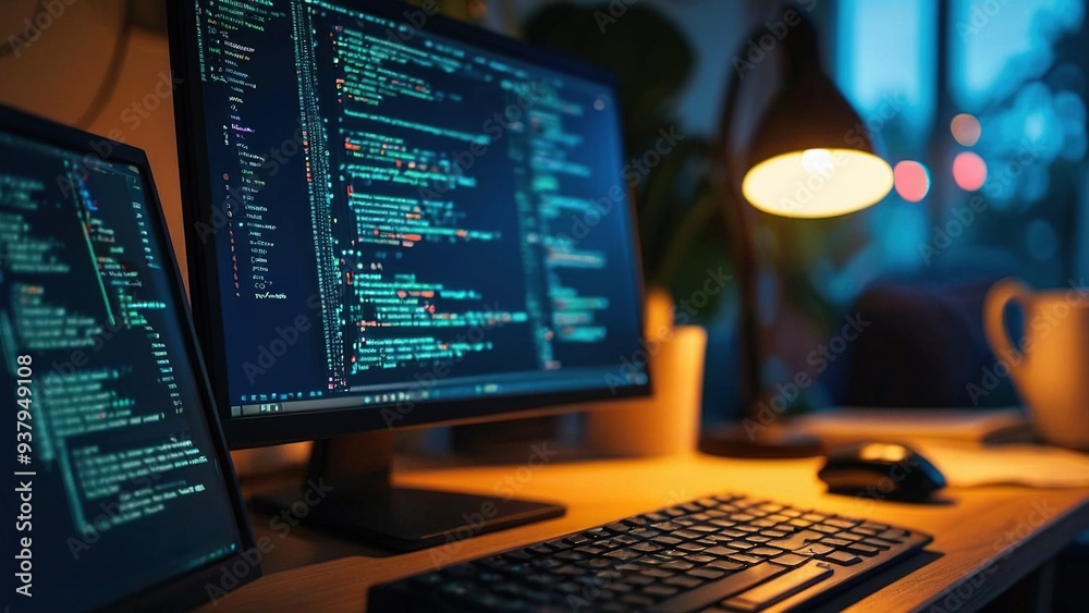 A close-up shot of a programmer's workspace with two computer monitors displaying lines of code. A desk lamp illuminates the scene, casting a warm glow. A close-up shot of a programmer's workspace with two computer monitors displaying lines of code. A desk lamp illuminates the scene, casting a warm glow.