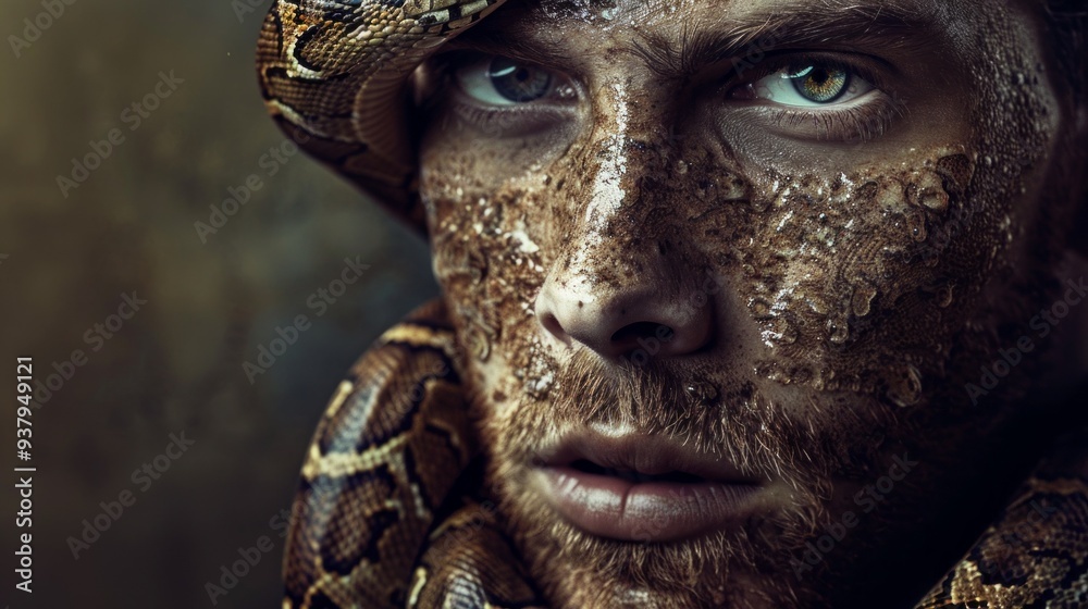 A man with a snake wrapped around his neck and face A man with a snake wrapped around his neck and face