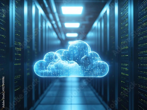 A glowing blue cloud icon hovers in the middle of a server room, representing the concept of cloud computing.