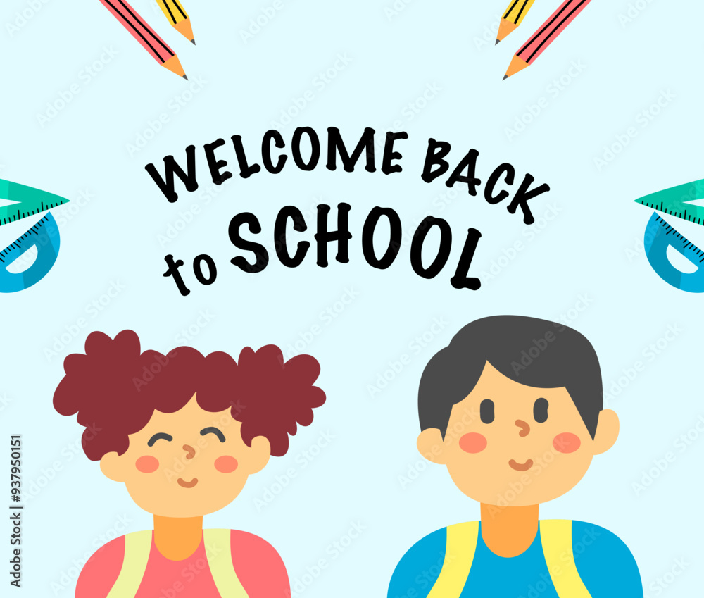 Welcome Back To School Background design with children and education accessories element. Kids hand drawn flat design for poster , wallpaper, website and cover template.