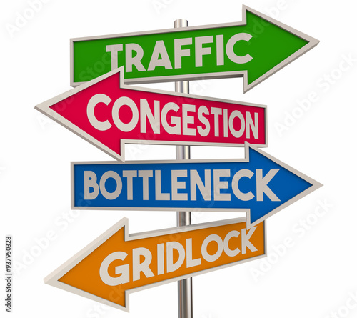 Traffic Congestion Bottleneck Gridlock Arrow Signs Slow Travel Transportation Problem 3d Illustration