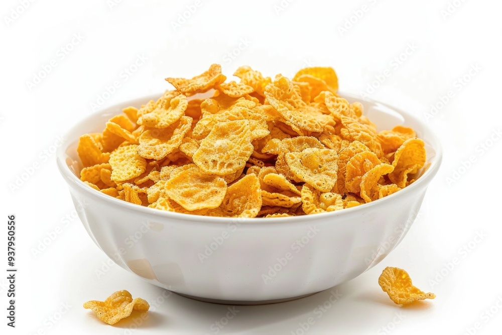 A single serving of cereal flakes on a clean white surface, ready for breakfast or snack A single serving of cereal flakes on a clean white surface, ready for breakfast or snack