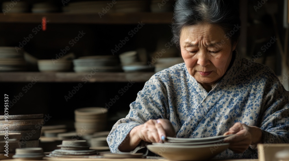 A woman is sitting in a room with many plates and bowls A woman is sitting in a room with many plates and bowls