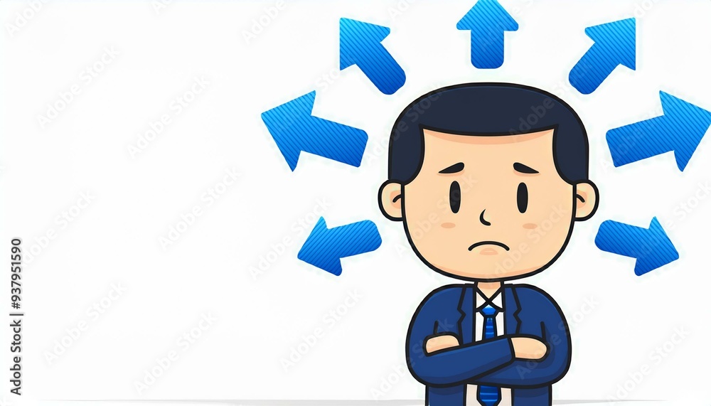 Vector illustration of a thinking asian cartoon businessman trying to make a decision with blue arrows isolated on white background Vector illustration of a thinking asian cartoon businessman trying to make a decision with blue arrows isolated on white background