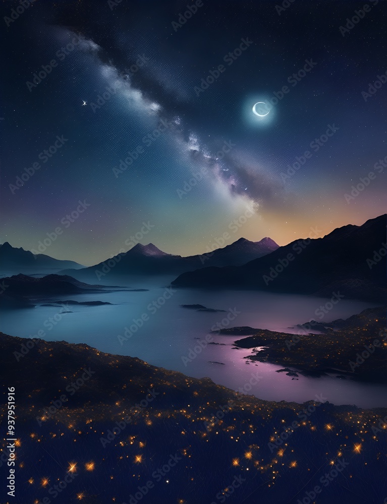 Starry night sky with crescent moon and milky way, serene cosmic view, peaceful night, deep space beauty, celestial scene, tranquil universe, night sky art. Starry night sky with crescent moon and milky way, serene cosmic view, peaceful night, deep space beauty, celestial scene, tranquil universe, night sky art.