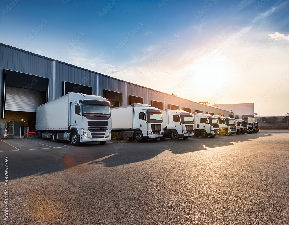 To deliver industrial items, close the fleet of trucks parked in front of the warehouse. To deliver industrial items, close the fleet of trucks parked in front of the warehouse.