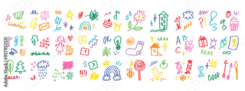 Doodle kids color set. Hand drawn simple decorative elements. Various icons, hearts, stars, lines