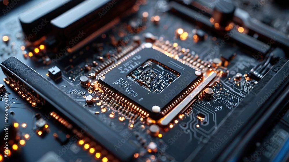 Close-up of a computer processor on a motherboard, with glowing circuits and intricate details.