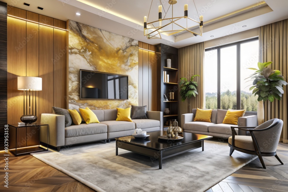 Fototapeta premium Elegant midcentury modern living room features a yellow and gold accent wall, dark wood furniture, marble stone decor, and sleek black details amidst gray tones.