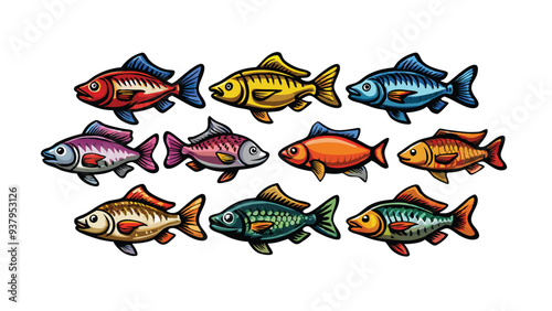 Illustration of nine realistic fish in various colors.