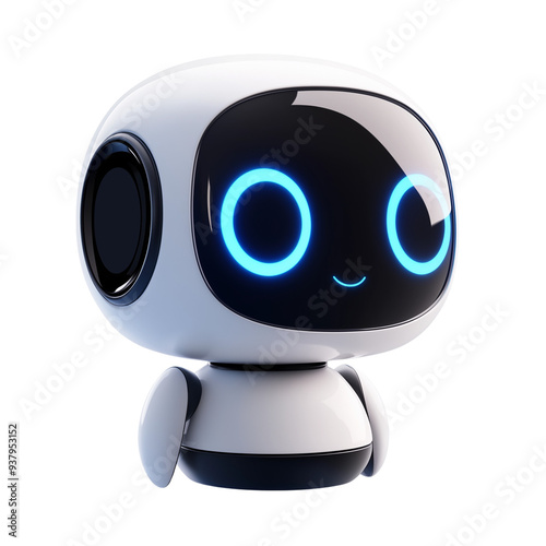 A 3D illustration of a cute, futuristic chatbot with a smooth white body and glowing blue eyes