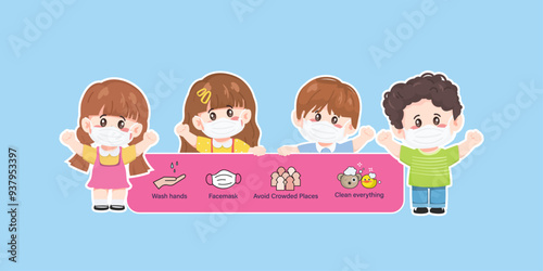 Kids wearing a face mask to protection from virus. Influenza prevention antivirus. illustration vector character design premium.