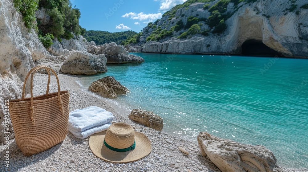 A relaxing summer day at a peaceful beach with a straw hat, bag and a towel lying on the little pebbles A relaxing summer day at a peaceful beach with a straw hat, bag and a towel lying on the little pebbles