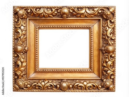 Elegant square wooden frame with intricate gold gilded ornamental details, isolated on a crisp white background, awaiting a cherished photograph or artwork to be displayed.