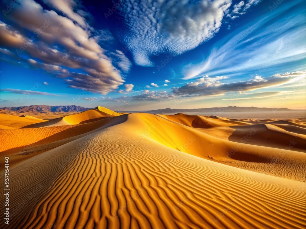 Naklejka premium Endless dunes stretch towards the horizon, golden sand swirling in the breeze, under a vast blue sky, in the world's largest hot desert, Sahara.
