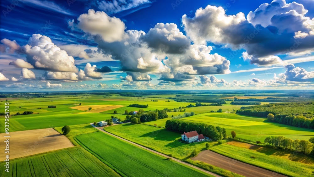 Fototapeta premium Expansive Blue Sky With Fluffy White Clouds Over A Lush Green Farm Field Seen From Above