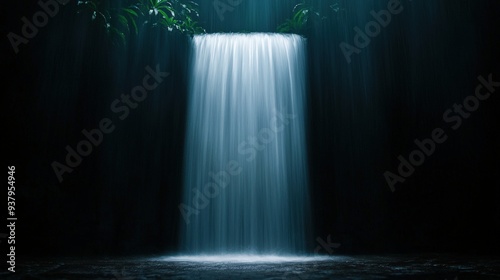 Light streaming through a waterfall in a lush jungle setting