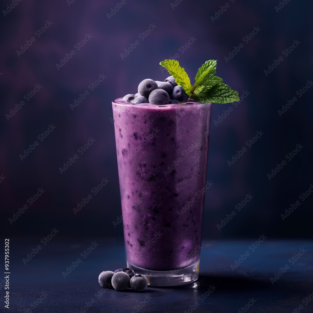 A refreshing blueberry smoothie with mint garnish in a tall glass against a dark background.