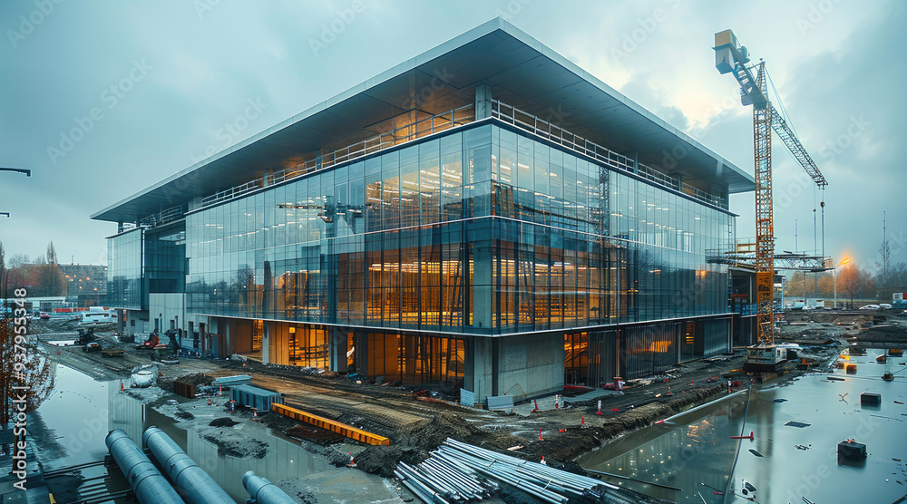 Modern building under construction, concrete and steel structure with large windows, cranes in the background, long panels of the exterior wall are visible, many pipes on ground near walls.