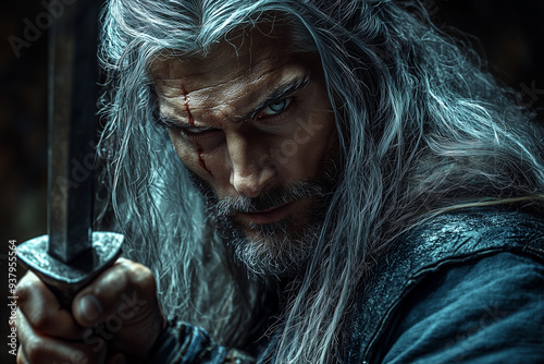 battle-hardened warrior with white hair and a scarred face, wielding a sword with intense focus