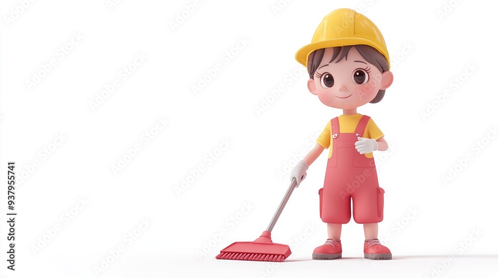 A child wearing a cleaning uniform, 3D illustration, isolated on white background A child wearing a cleaning uniform, 3D illustration, isolated on white background