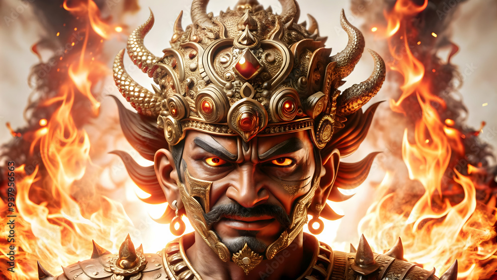 Flat Holographic Ravana Head and Fire with Destruction Text concept as A powerful photo featuring a glowing holographic Ravana head with flames symbolizing the destruction of evil in Dussehra. The des Flat Holographic Ravana Head and Fire with Destruction Text concept as A powerful photo featuring a glowing holographic Ravana head with flames symbolizing the destruction of evil in Dussehra. The des