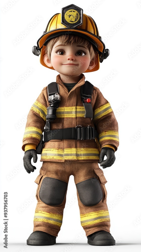 A child wearing a firefighter's uniform , 3D illustration, isolated on white background A child wearing a firefighter's uniform , 3D illustration, isolated on white background