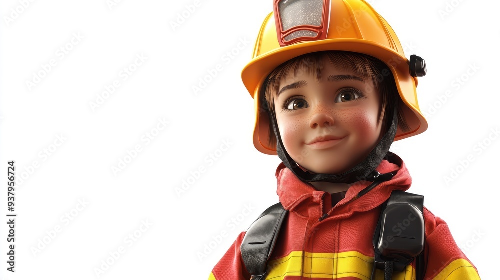 A child wearing a firefighter's uniform , 3D illustration, isolated on white background A child wearing a firefighter's uniform , 3D illustration, isolated on white background